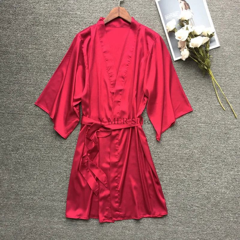 Peignoir_blanc_de_bain_femme-Satin_fausse_soie-coupe_mi-mollet-manche_trois_quarts-col_V-léger-motif_uni-doux-confortable-été-moelleux-absorbant-printemps-rouge