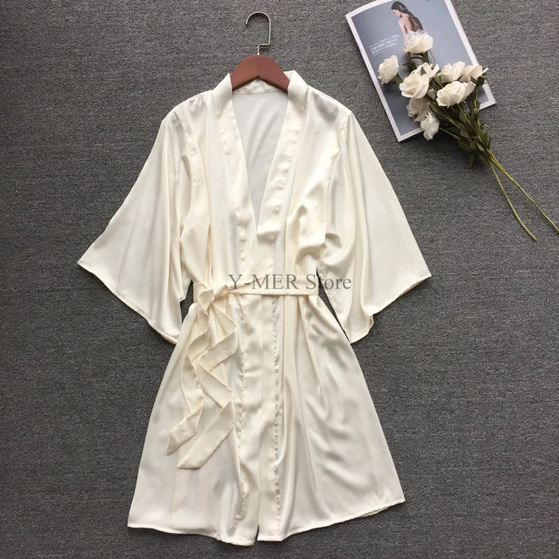 Peignoir_blanc_de_bain_femme-Satin fausse soie-coupe mi-mollet-manche trois quarts-col V-léger-motif uni-doux-confortable-moelleux-absorbant-été-printemps-beige