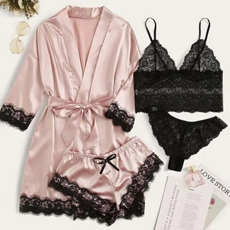 Peignoir_court_de_bain_femme_pas_cher_sans_capuche-Polyester_satin_non-tissé estival_ensemble_dentelle-léger-manche_trois_quarts-mi_cuisse-en_dentelle-doux-moelleux-confortable-absorbant-été-printemps-beige