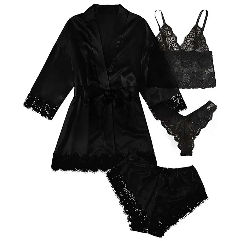 Peignoir_court_de_bain_femme_pas_cher_sans_capuche-Polyester_satin_non-tissé estival_ensemble_dentelle-léger-manche_trois_quarts-mi_cuisse-en_dentelle-doux-moelleux-confortable-absorbant-été-printemps-noir