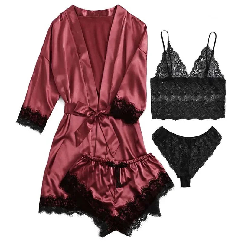 Peignoir_court_de_bain_femme_pas_cher_sans_capuche-Polyester_satin_non-tissé estival_ensemble_dentelle-léger-manche_trois_quarts-mi_cuisse-en_dentelle-doux-moelleux-confortable-absorbant-été-printemps-rouge