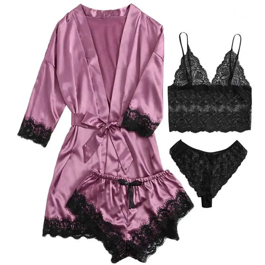 Peignoir_court_de_bain_femme_pas_cher_sans_capuche-Polyester_satin_non-tissé estival_ensemble_dentelle-léger-manche_trois_quarts-mi_cuisse-en_dentelle-doux-moelleux-confortable-absorbant-été-printemps-violet