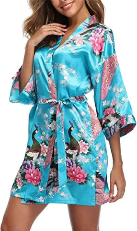 Peignoir_court_femme_de_bain_fantaisie_écossais-Polyester ultra-léger-imprime animal-col V-doux-confortable-moelleux-absorbant-été-manche trois quarts-mi cuisse-printemps-bleu