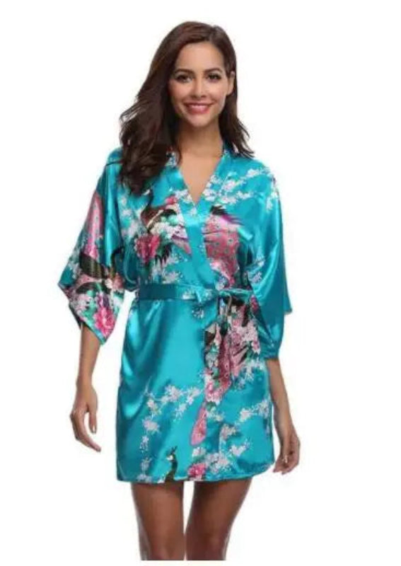 Peignoir_court_femme_de_bain_fantaisie_écossais-Polyester_ultra-léger-imprimé_animal-col_V-doux-confortable-moelleux-absorbant-été-manche_trois_quarts-printemps-mi_cuisse-bleu