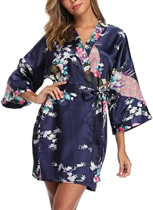 Peignoir_court_femme_de_bain_fantaisie_écossais-Polyester_ultra-léger-imprimé_animal-col_V-doux-confortable-moelleux-absorbant-été-manche_trois_quarts-printemps-mi_cuisse-bleu marine