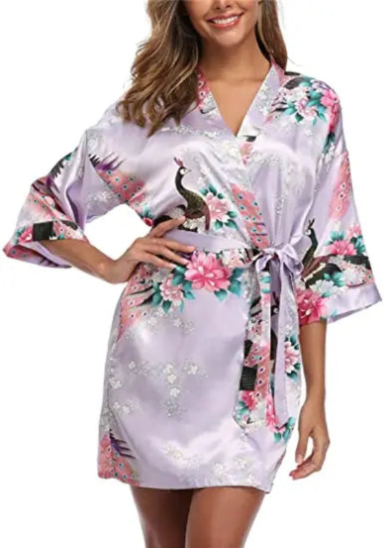 Peignoir_court_femme_de_bain_fantaisie_écossais-Polyester_ultra-léger-imprimé_animal-col_V-doux-confortable-moelleux-absorbant-été-manche_trois_quarts-printemps-mi_cuisse-violet