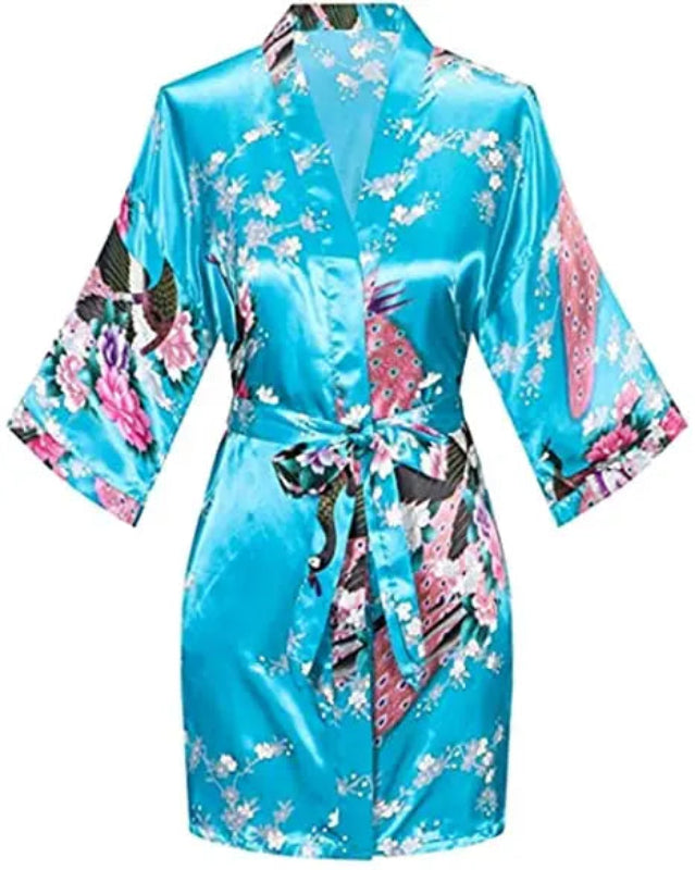 Peignoir_court_femme_de_bain_fantaisie_écossais-Polyester ultra-léger-imprime animal-col V-doux-confortable-moelleux-absorbant-manche trois quarts-été-mi cuisse-printemps-bleu