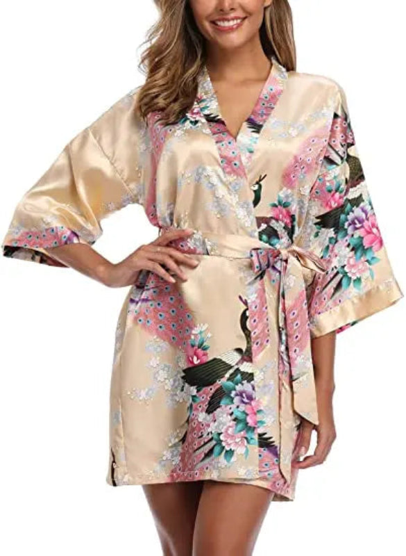 Peignoir_court_femme_de_bain_fantaisie_écossais-Polyester_ultra-léger-imprimé_animal-col_V-doux-confortable-moelleux-absorbant-manche_trois_quarts-été-printemps-mi_cuisse-beige
