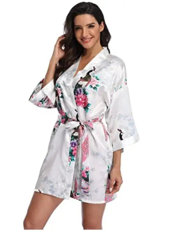 Peignoir_court_femme_de_bain_fantaisie_écossais-Polyester_ultra-léger-imprimé_animal-col_V-doux-confortable-moelleux-absorbant-manche_trois_quarts-été-printemps-mi_cuisse-blanc