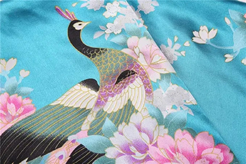 Peignoir_court_femme_de_bain_fantaisie_ecossais-Polyester_ultra-leger-imprime_animal-col_V-doux-confortable-moelleux-absorbant-manche_trois_quarts-ete-printemps-mi_cuisse-bleu