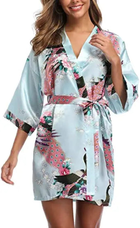 Peignoir_court_femme_de_bain_fantaisie_écossais-Polyester_ultra-léger-imprimé_animal-col_V-doux-confortable-moelleux-absorbant-manche_trois_quarts-été-printemps-mi_cuisse-bleu ciel