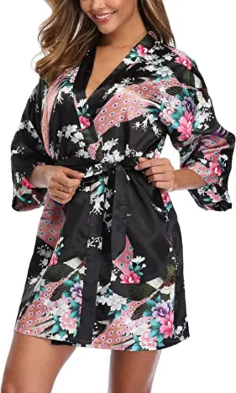 Peignoir_court_femme_de_bain_fantaisie_écossais-Polyester_ultra-léger-imprimé_animal-col_V-doux-confortable-moelleux-absorbant-manche_trois_quarts-été-printemps-mi_cuisse-noir