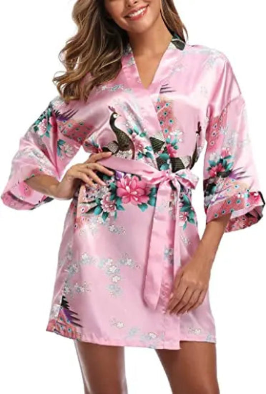 Peignoir_court_femme_de_bain_fantaisie_écossais-Polyester_ultra-léger-imprimé_animal-col_V-doux-confortable-moelleux-absorbant-manche_trois_quarts-été-printemps-mi_cuisse-rose