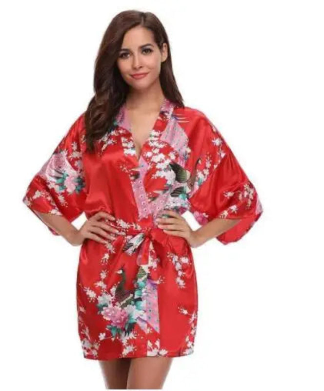 Peignoir_court_femme_de_bain_fantaisie_écossais-Polyester_ultra-léger-imprimé_animal-col_V-doux-confortable-moelleux-absorbant-manche_trois_quarts-été-printemps-mi_cuisse-rouge