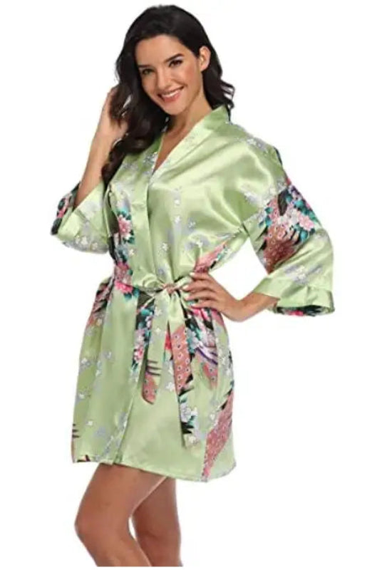 Peignoir_court_femme_de_bain_fantaisie_écossais-Polyester_ultra-léger-imprime_animal-col_V-doux-confortable-moelleux-absorbant-manche_trois_quarts-été-printemps-mi_cuisse-vert olive