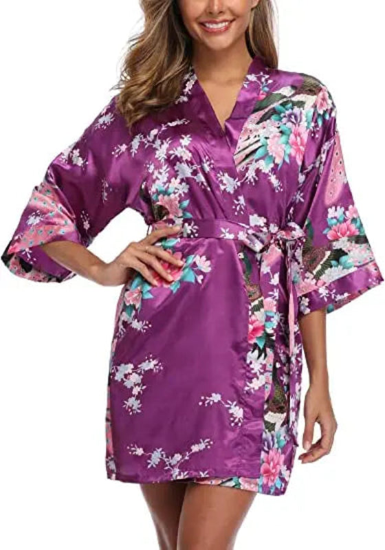 Peignoir_court_femme_de_bain_fantaisie_écossais-Polyester_ultra-léger-imprimé_animal-col_V-doux-confortable-moelleux-absorbant-manche_trois_quarts-été-printemps-mi_cuisse-violet