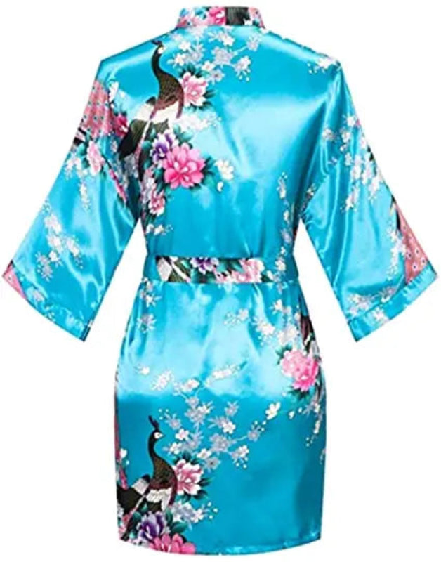 Peignoir_court_femme_de_bain_fantaisie_écossais-Polyester ultra-léger-imprime animal-col V-doux-confortable-moelleux-absorbant-manche trois quarts-mi cuisse-été-printemps-bleu