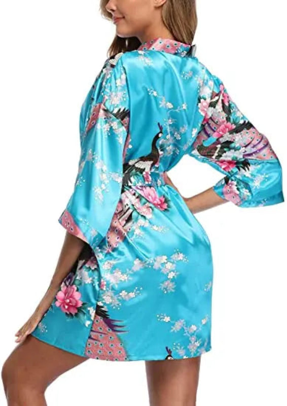 Peignoir_court_femme_de_bain_fantaisie_écossais-Polyester ultra-léger-imprime animal-col V-doux-confortable-moelleux-absorbant-manche trois quarts-mi cuisse-printemps-bleu