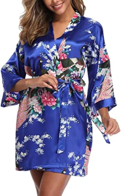 Peignoir_court_femme_de_bain_fantaisie_écossais-Polyester_ultra-léger-imprimé_animal-col_V-doux-confortable-moelleux-été-+absorbant-manche_trois_quarts-printemps-mi_cuisse-bleu marine