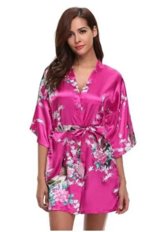 Peignoir_court_femme_de_bain_fantaisie_écossais-Polyester_ultra-léger-imprimé_animal-col_V-doux-confortable-moelleux-été-_absorbant-manche_trois_quarts-printemps-mi_cuisse-rose