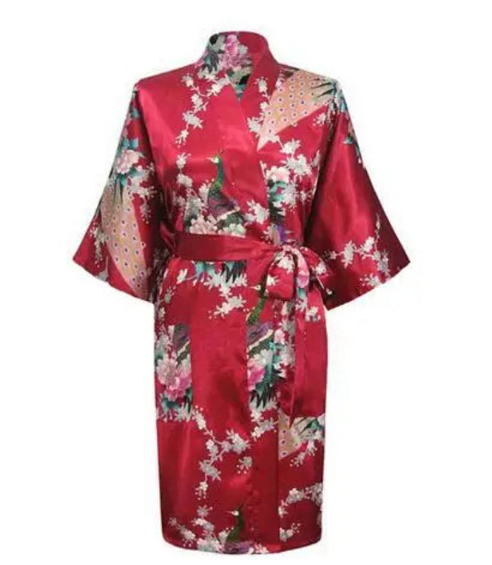 Peignoir_court_femme_de_bain_fantaisie_écossais-Polyester_ultra-léger-imprimé_animal-col_V-doux-confortable-moelleux-été-_absorbant-manche_trois_quarts-printemps-mi_cuisse-rouge