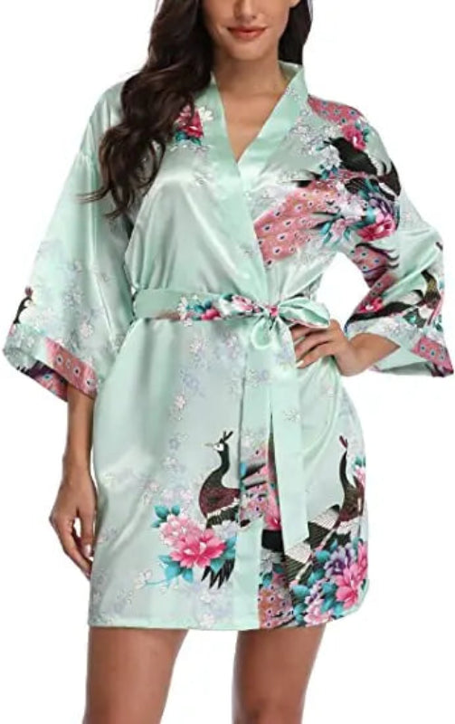 Peignoir_court_femme_de_bain_fantaisie_écossais-Polyester_ultra-léger-imprime_animal-col_V-doux-confortable-moelleux-ete-_absorbant-manche_trois_quarts-printemps-mi_cuisse-vert