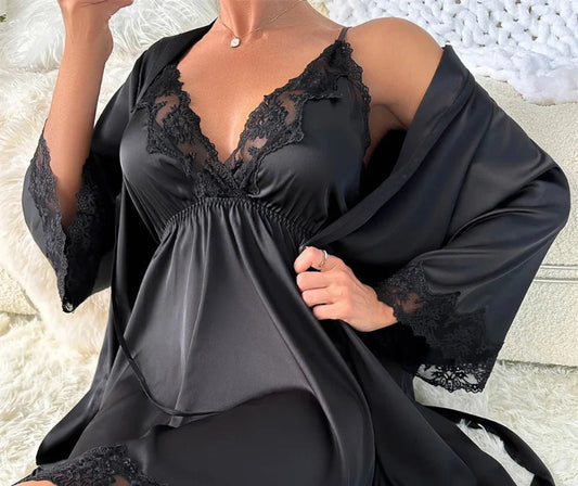 Peignoir_court_femme_de_bain_rouge_et_noir-Satin rouge et noir, style kimono chinois vintage-dentelle-manche trois quarts-absorbant-moelleux-confortable-doux-été-noir