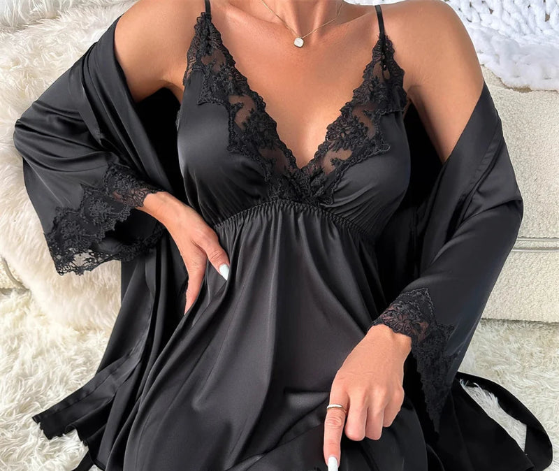 Peignoir_court_femme_de_bain_rouge_et_noir-Satin rouge et noir, style kimono chinois vintage-dentelle-manche trois quarts-absorbant-moelleux-confortable-été-doux-noir