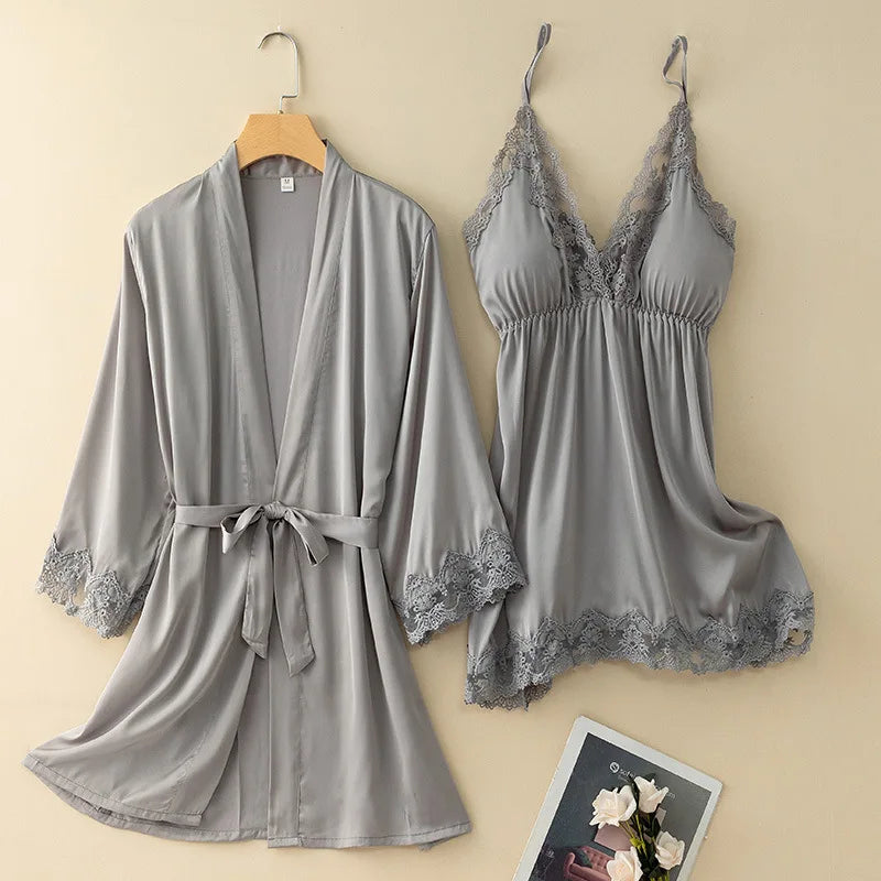 Peignoir_court_femme_de_bain_rouge_et_noir-Satin rouge et noir, style kimono chinois vintage-dentelle-manche trois quarts-absorbant-moelleux-été-confortable-doux-gris
