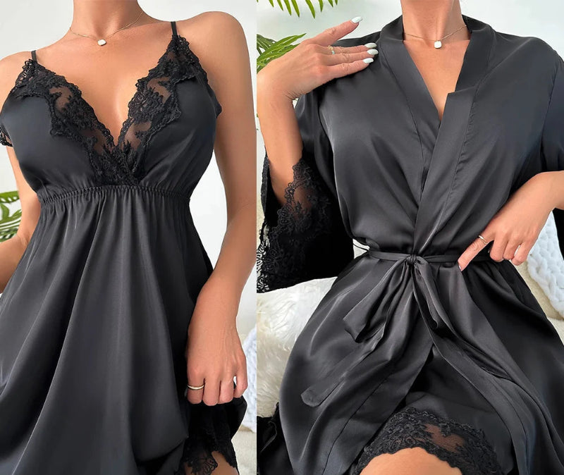 Peignoir_court_femme_de_bain_rouge_et_noir-Satin rouge et noir, style kimono chinois vintage-dentelle-manche trois quarts-absorbant-moelleux-été-confortable-doux-noir