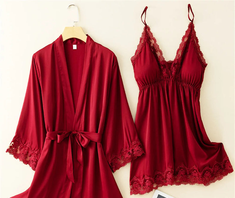 Peignoir_court_femme_de_bain_rouge_et_noir-Satin_rouge_et_noir_style_kimono_chinois_vintage-dentelle-manche_trois_quarts-absorbant-moelleux-été-confortable-doux-rouge