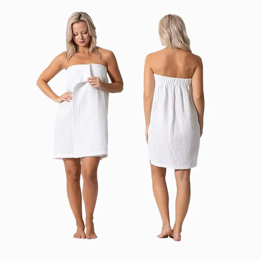 Peignoir_dans_salle_de_bain-polyester_coton_peigné-epaule degagée-mi cuisse-doux-confortable-absorbant-moelleux-blanc