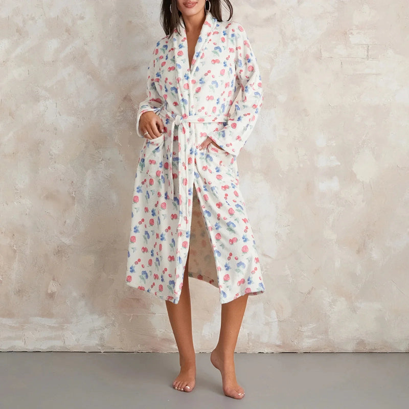 Peignoir_de_bain-Polyester_imprimé floral-manches_pleines-longueur_genou-col châle-mi-mollet-doux-confortable-absorbant-moelleux-printemps-automne-épais-hiver-blanc-rose