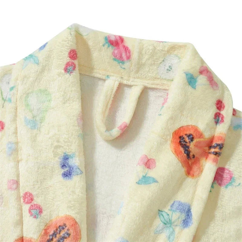 Peignoir_de_bain-Polyester_imprimé floral-manches_pleines-longueur_genou-col châle-mi-mollet-doux-confortable-absorbant-moelleux-printemps-automne-hiver-épais-jaune-rose