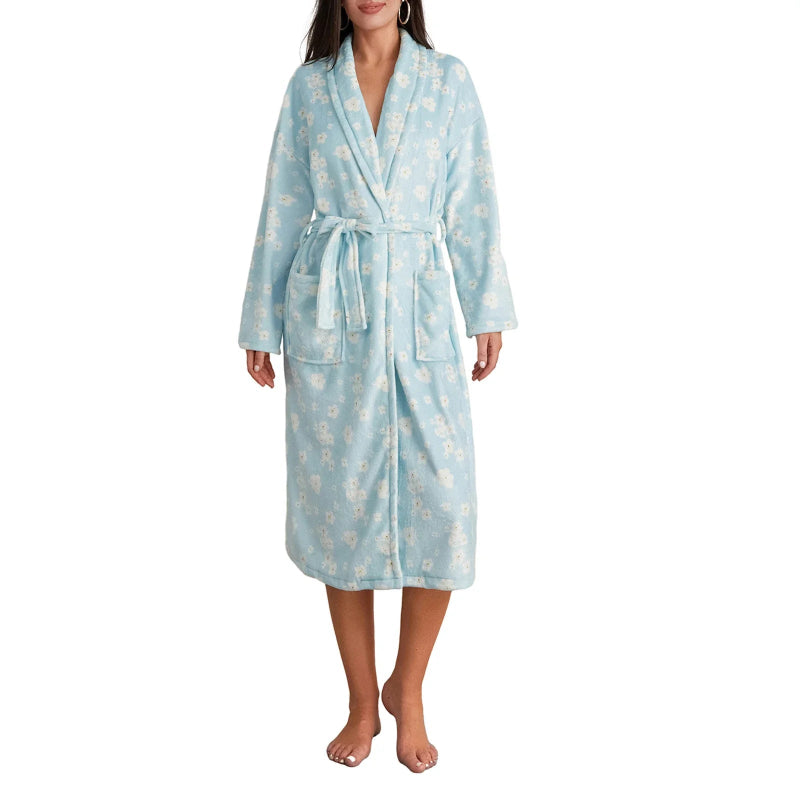 Peignoir_de_bain-Polyester_imprime_floral-manches_pleines-longueur_genou-col_châle-mi-mollet-doux-confortable-absorbant-moelleux-printemps-hiver-automne-épais-blanc-bleu