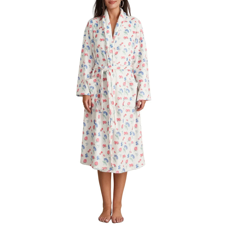 Peignoir_de_bain-Polyester_imprime_floral-manches_pleines-longueur_genou-col_châle-mi-mollet-doux-confortable-absorbant-moelleux-printemps-hiver-automne-épais-blanc-rose
