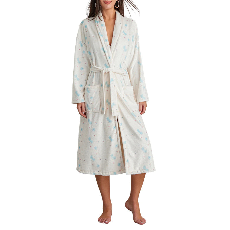 Peignoir_de_bain-Polyester_imprime_floral-manches_pleines-longueur_genou-col_châle-mi-mollet-doux-confortable-absorbant-moelleux-printemps-hiver-automne-épais-blanc-