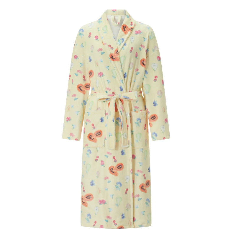 Peignoir_de_bain-Polyester_imprime floral-manches_pleines-longueur_genou-col châle-mi-mollet-doux-confortable-absorbant-moelleux-printemps-hiver-automne-épais-jaune-rose