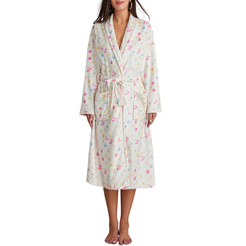 Peignoir_de_bain-Polyester_imprimé_floral-manches_pleines-longueur_genou-col_châle-mi-mollet-doux-confortable-absorbant-moelleux-printemps-hiver-épais-automne-blanc-rose