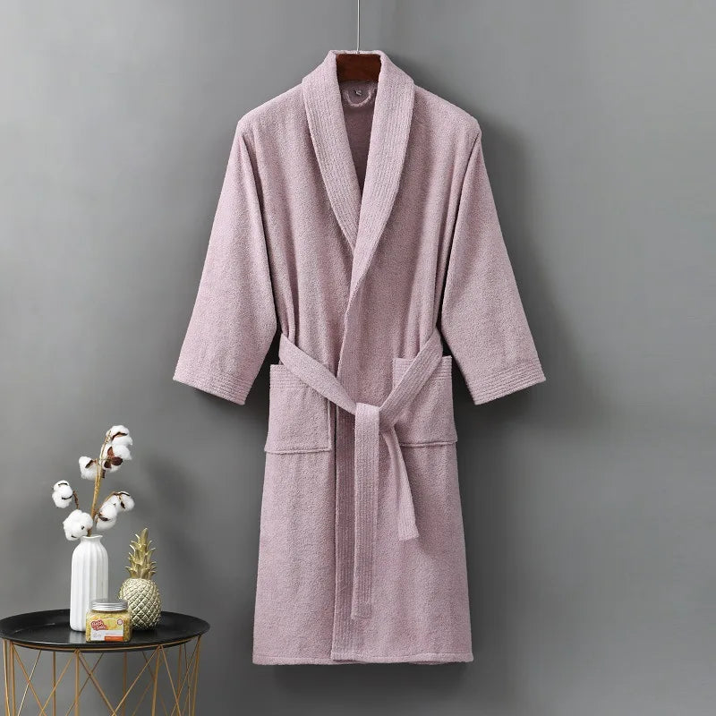 Peignoir_de_bain_100_coton-pur coton-manche trois quarts-epais-mi-mollet-col V-doux-confortable-moelleux-absorbant-printemps-automne-hiver-marron