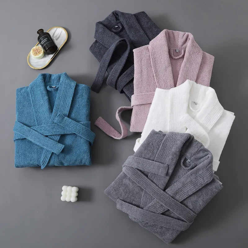 Peignoir_de_bain_100_coton-pur coton-manche trois quarts-épais-mi-mollet-col V-doux-confortable-moelleux-absorbant-printemps-hiver-automne