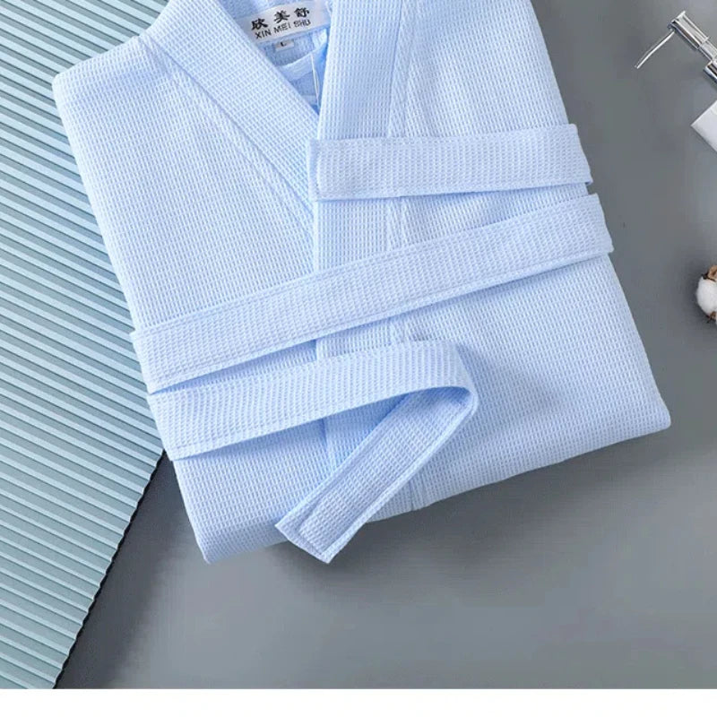 Peignoir_de_bain_100_coton_adulte-pur coton-col V-manche longue-mi-mollet-absorbant-moelleux-confortable-doux-printemps-automne-épais-hiver-bleu ciel
