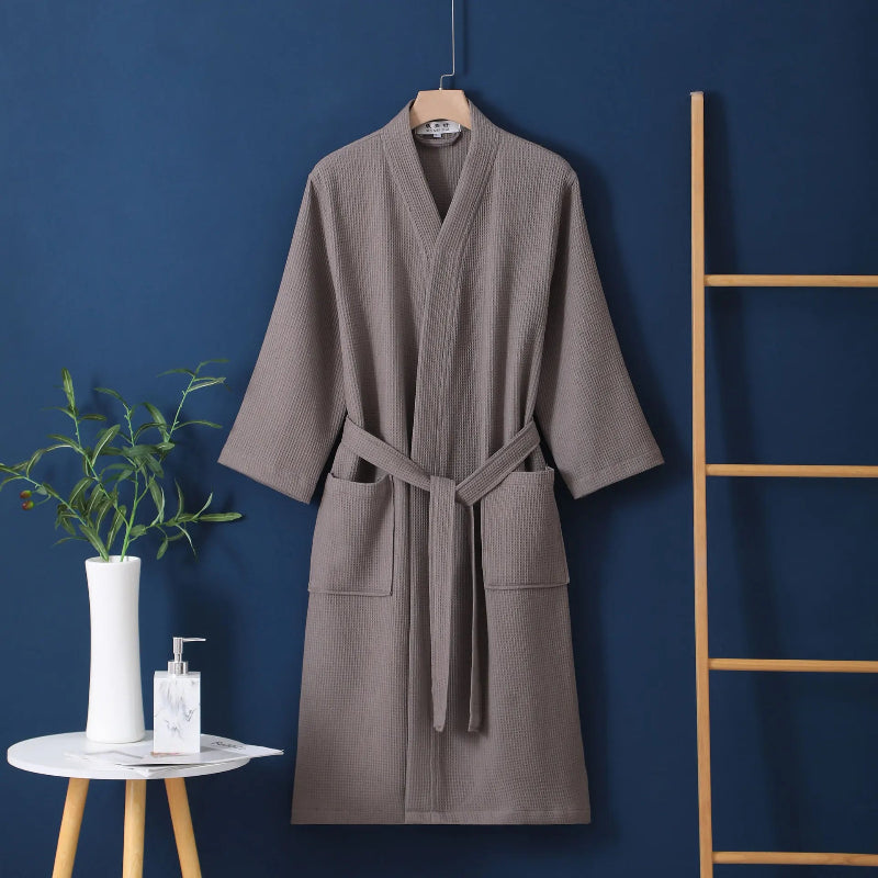 Peignoir_de_bain_100_coton_adulte-pur coton-col V-manche longue-mi mollet-absorbant-moelleux-confortable-doux-printemps-automne-épais-hiver-gris