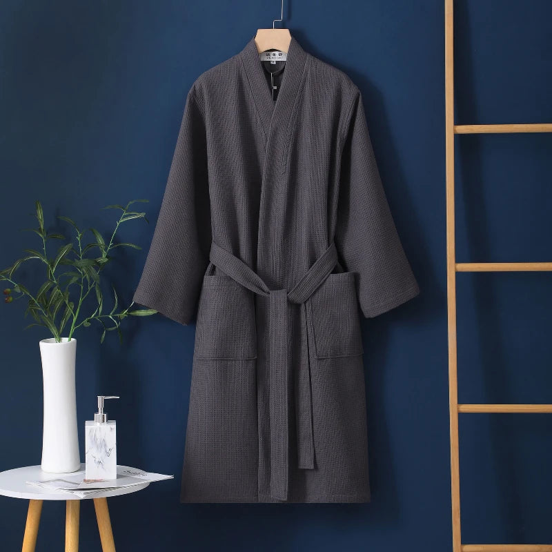 Peignoir_de_bain_100_coton_adulte-pur coton-col V-manche longue-mi-mollet-absorbant-moelleux-confortable-doux-printemps-automne-épais-hiver-gris foncé