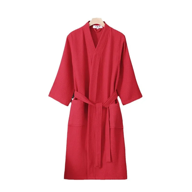 Peignoir_de_bain_100_coton_adulte-pur coton-col V-manche longue-mi mollet-absorbant-moelleux-confortable-doux-printemps-automne-épais-hiver-rouge