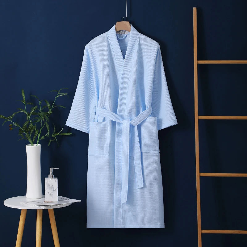 Peignoir_de_bain_100_coton_adulte-pur coton-col V-manche longue-mi-mollet-absorbant-moelleux-confortable-doux-printemps-automne-hiver-épais-bleu ciel