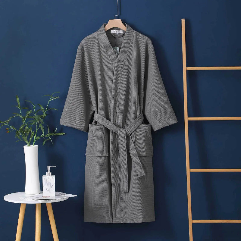 Peignoir_de_bain_100_coton_adulte-pur coton-col V-manche longue-mi mollet-absorbant-moelleux-confortable-doux-printemps-automne-hiver-épais-gris foncé