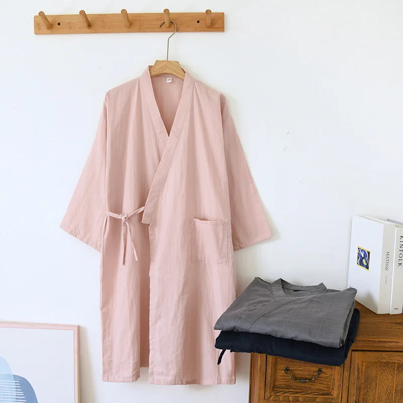 Peignoir_de_bain_100_coton_en_solde-col_V-poche_unique-style_kimono-manche_trois_quarts-mi-mollet-doux-confortable-moelleux-absorbant-été-printemps-automne-beige