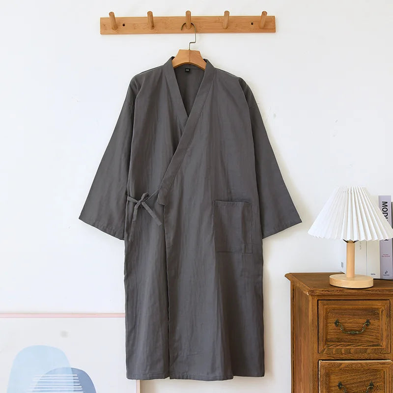 Peignoir_de_bain_100_coton_en_solde-col_V-poche_unique-style_kimono-manche_trois_quarts-mi-mollet-doux-confortable-moelleux-absorbant-été-printemps-automne-gris
