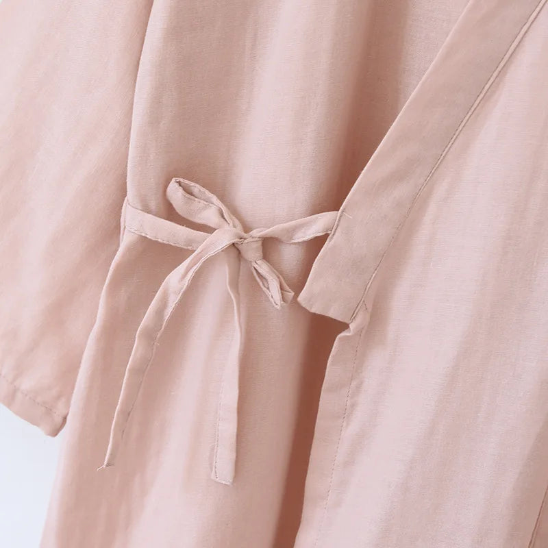 Peignoir_de_bain_100_coton_en_solde-col V-poche unique-style kimono-manche trois quarts-mi-mollet-doux-confortable-moelleux-absorbant-printemps-automne-été-beige